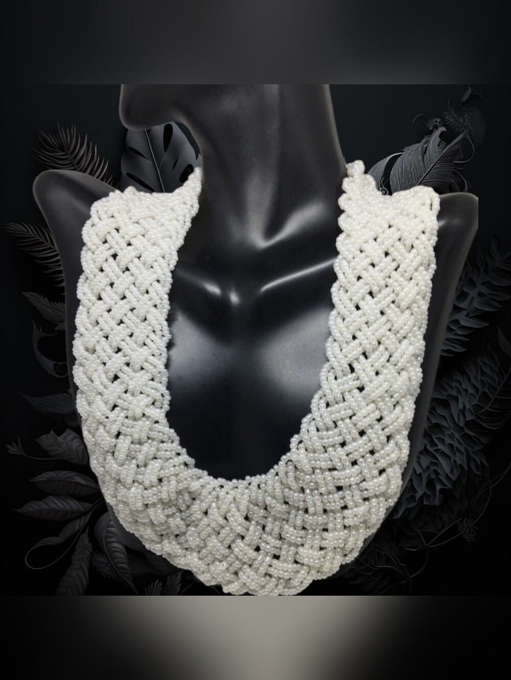 Handwoven White Pearl Beaded Statement Necklace